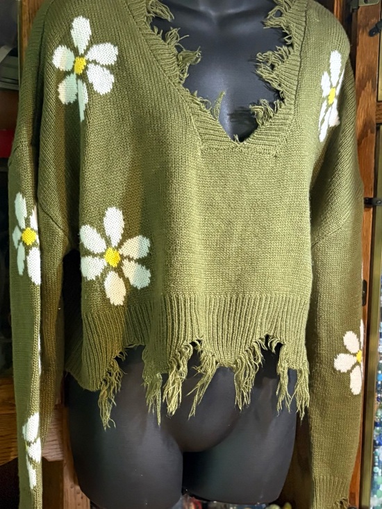 just polly Sweaters - Just Polly Distressed Daisy Knit Pullover Sweater in olive green xl